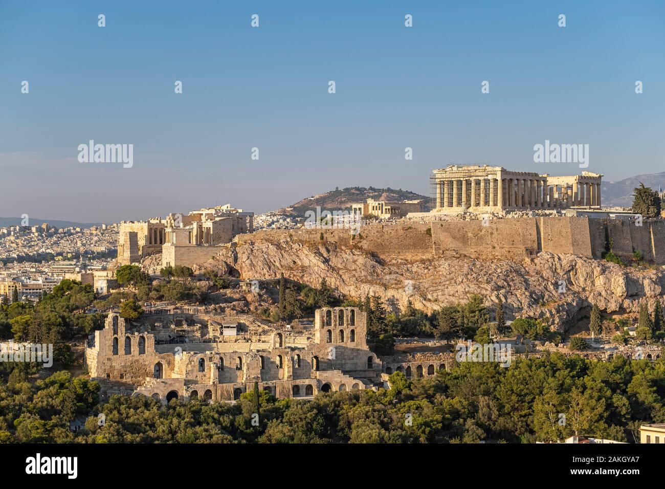 Grèce, Athènes, l'acropole d'Athènes, Site du patrimoine mondial de l'UNESCO, vu de la colline de Philopappos Hill ou des Muses Banque D'Images