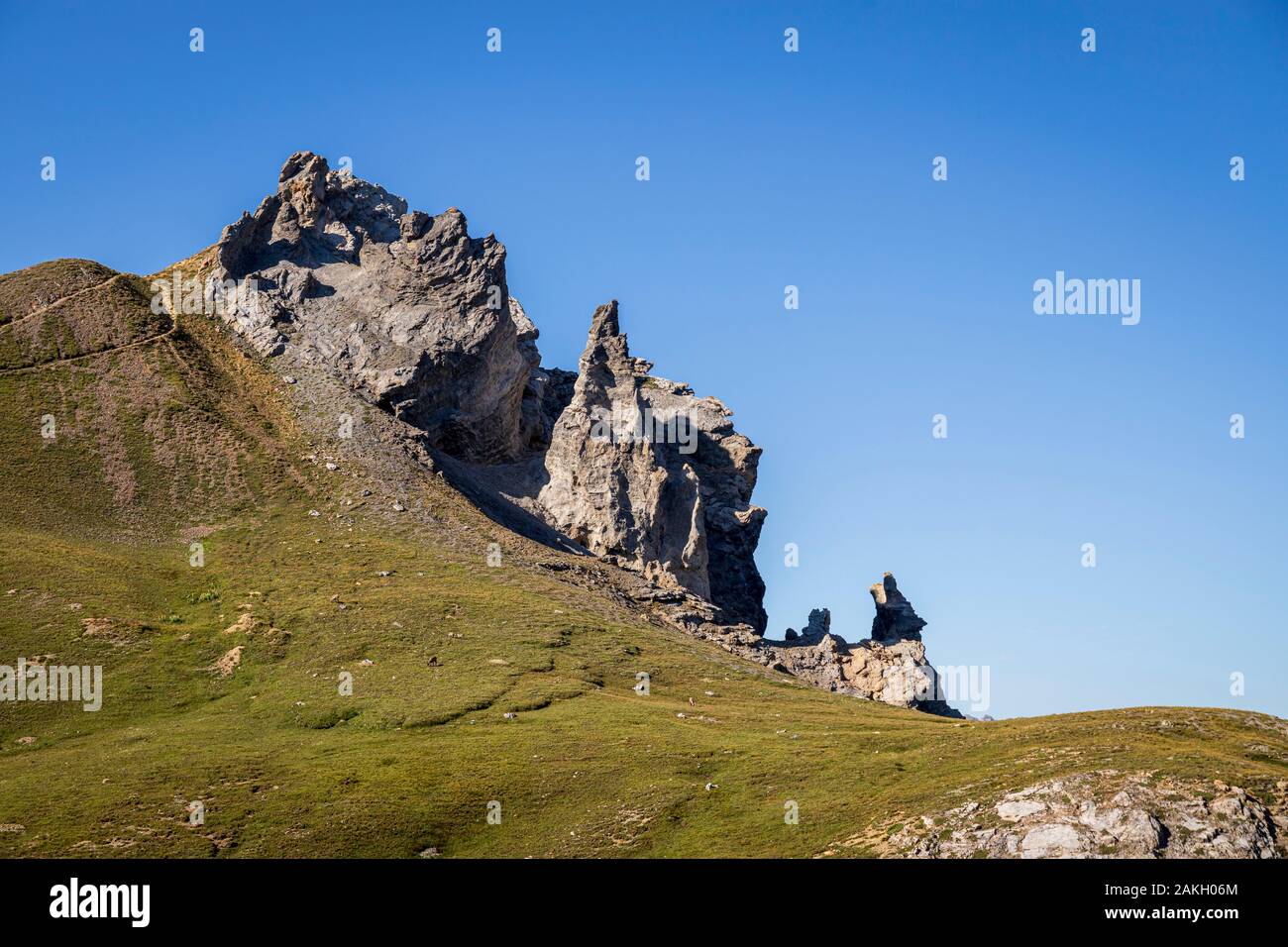 France, Alpes-Maritimes, Parc National du Mercantour, les reliefs d'Aiguilles de Tortisse (2672m) et femelle bouquetin, ou étagne (Capra ibex) Banque D'Images