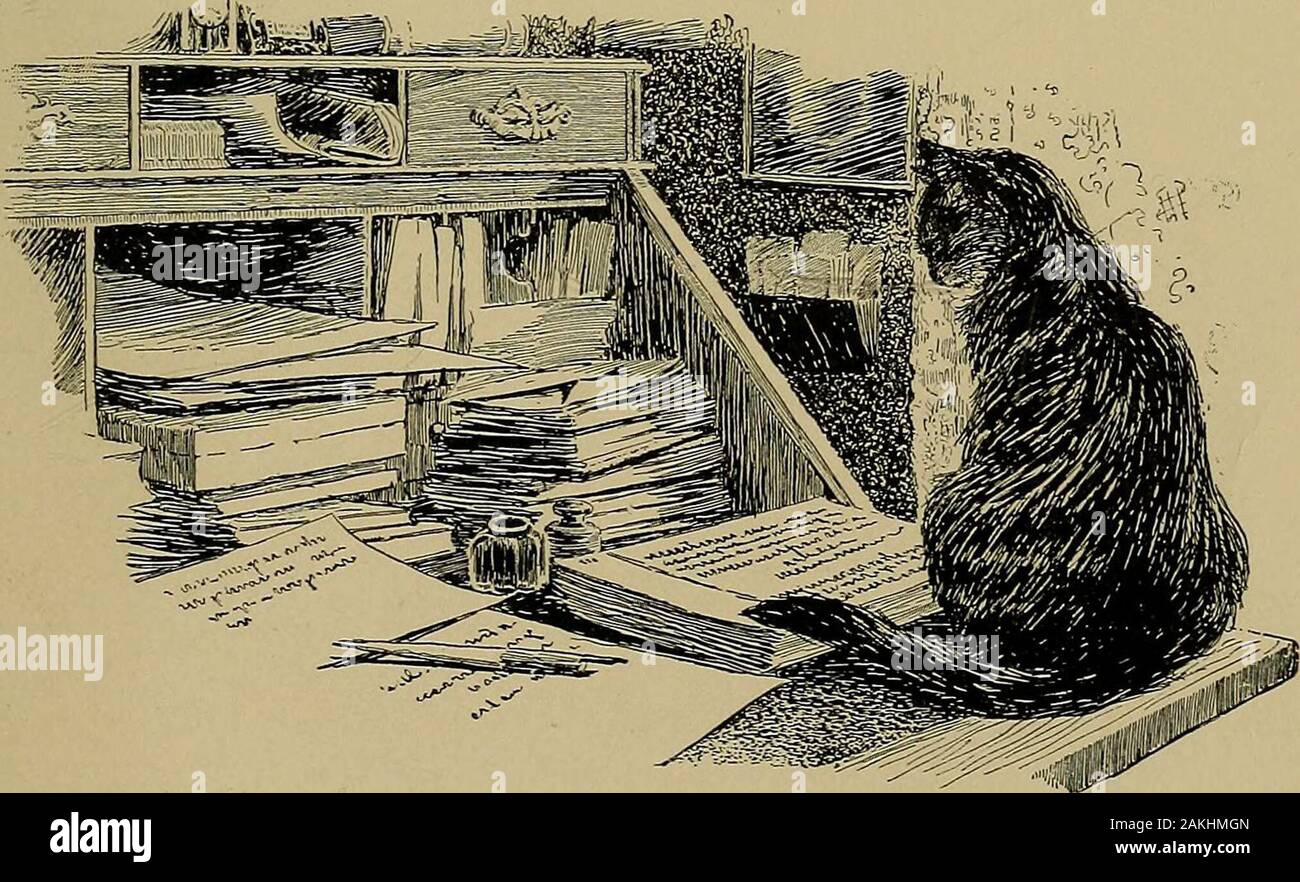 Le fireside sphinx . e ils ferment, andher jolie tête hoche drowsily ; mais, comme une perversechild, elle résiste à l'origine pouvoir, redresse l'CHAT DE JOURS 305 elle-même, et jette un regard sur moi, qui dit Yousee comment je suis bien éveillé. Puis très, très lentement,sleep touche avec soft, doigt de persuasion. Shesinks bas, bas ; la petite fière tête est abaissée;le brillant yeux sont fermés ; demi-purrgrows articuler plus pâle et plus faible jusqu'à ce qu'il fond impercepti générale dans la douceur et la respiration régulière qui être plateaux son sommeil. Je cesser de travailler et d'envisager d'autres, ou plutôt je regarde son fantôme, l'ins Banque D'Images