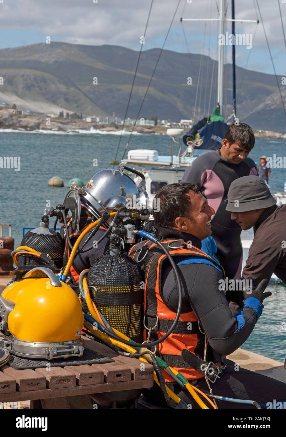 Hermanus, Western Cape, Afrique du Sud. Décembre 2019. Cours de formation de plongeurs professionnels, préparer les jeunes plongeurs étudiants avant d'aller à plonger. Banque D'Images
