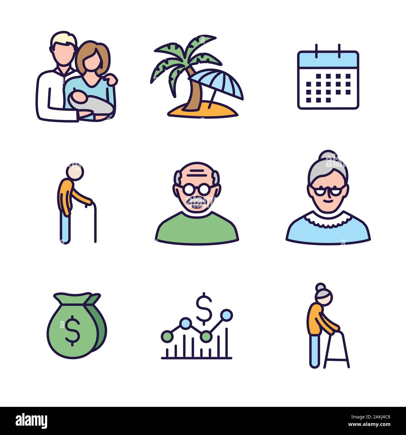 Générations : Années d'or Icon Set avec calendrier de la retraite , l'argent, etc. Illustration de Vecteur