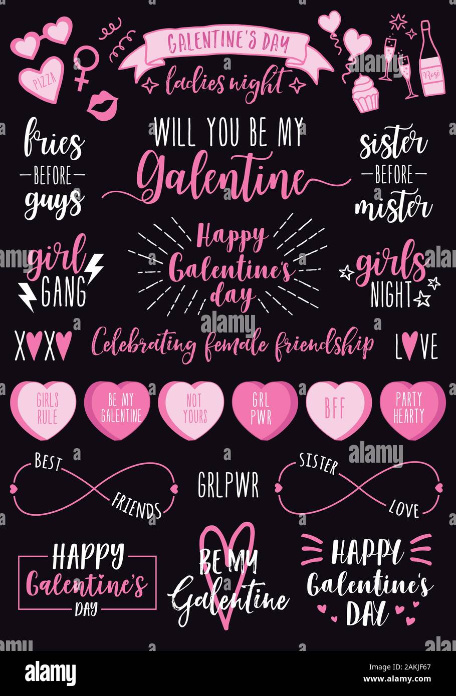 Jour Galentines, hand drawn vector design elements pour la Saint-Valentin, carte Galentines jour ladies night, femme, invitation à une fête Illustration de Vecteur