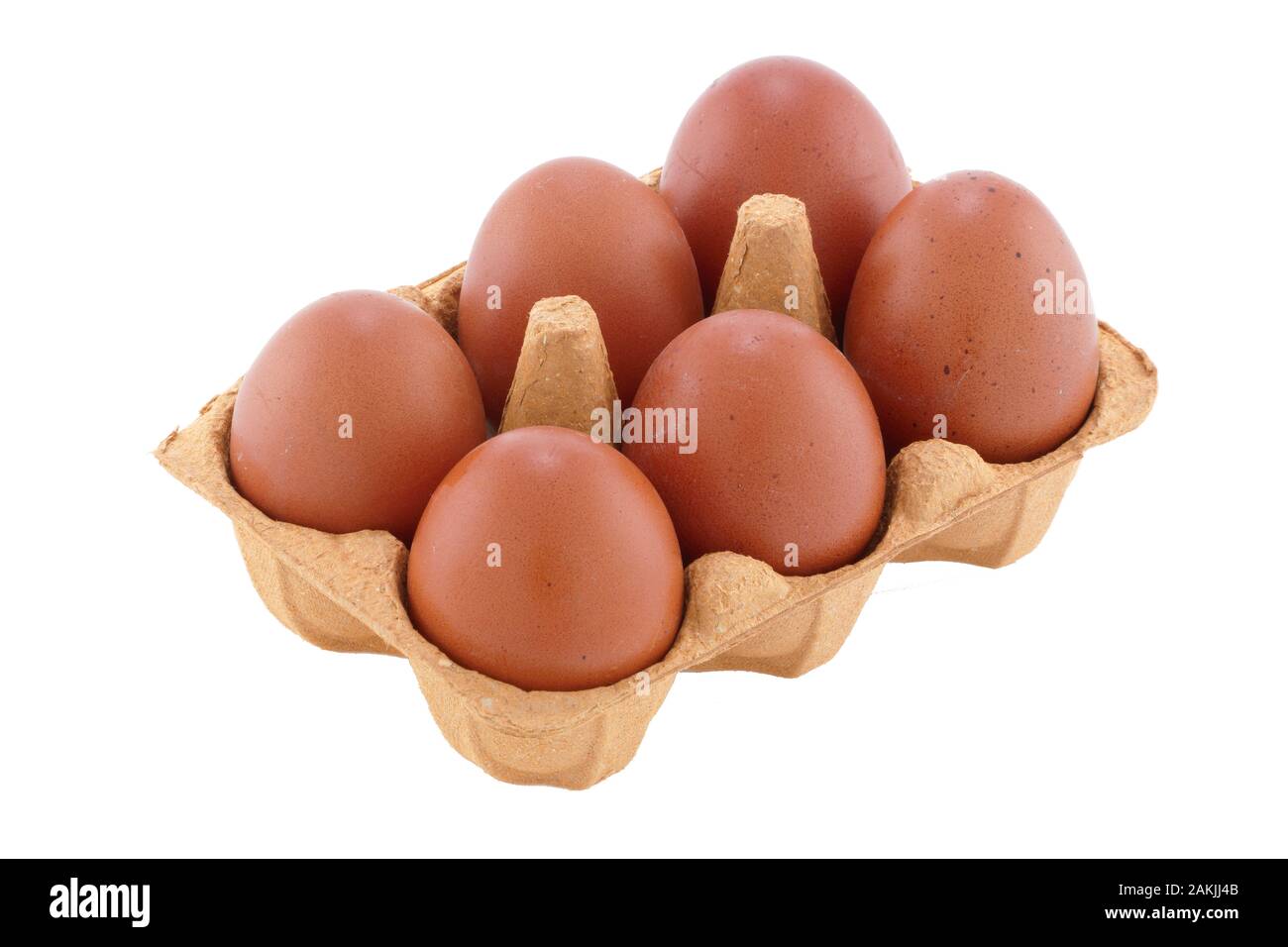 Six oeufs en carton brun sur blanc with clipping path Banque D'Images
