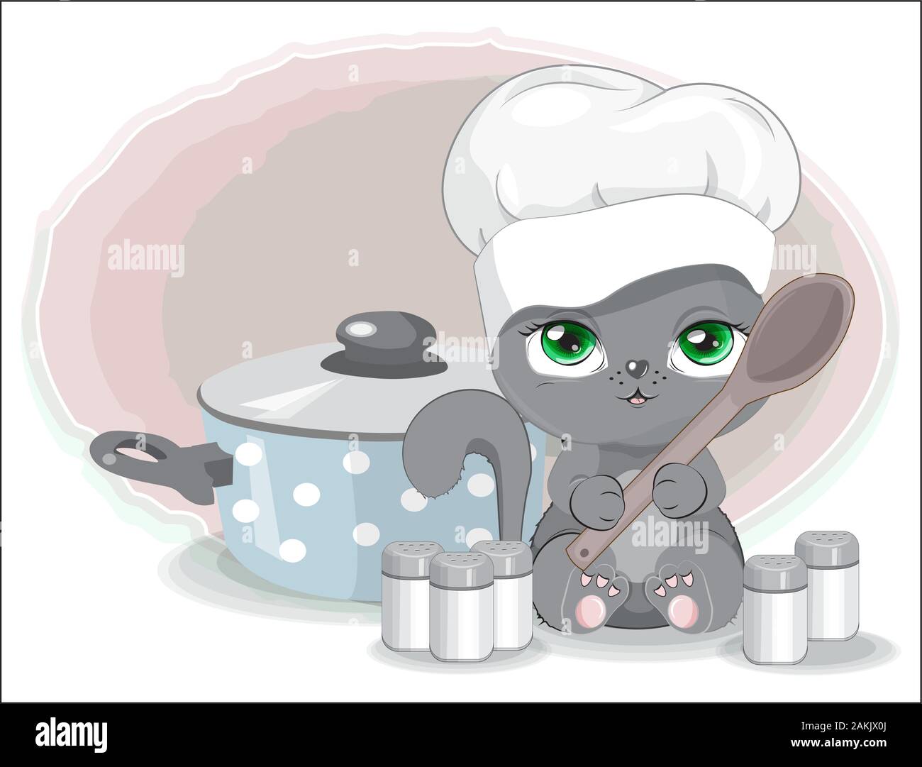 Cuire A Cap Chat Avec Cuillere Epices Et Pan Photo En Dessin A La Main Style Cartoon Pour T Shirt Porter Print Design Carte De Vœux Carte Postale Bab Image Vectorielle Stock