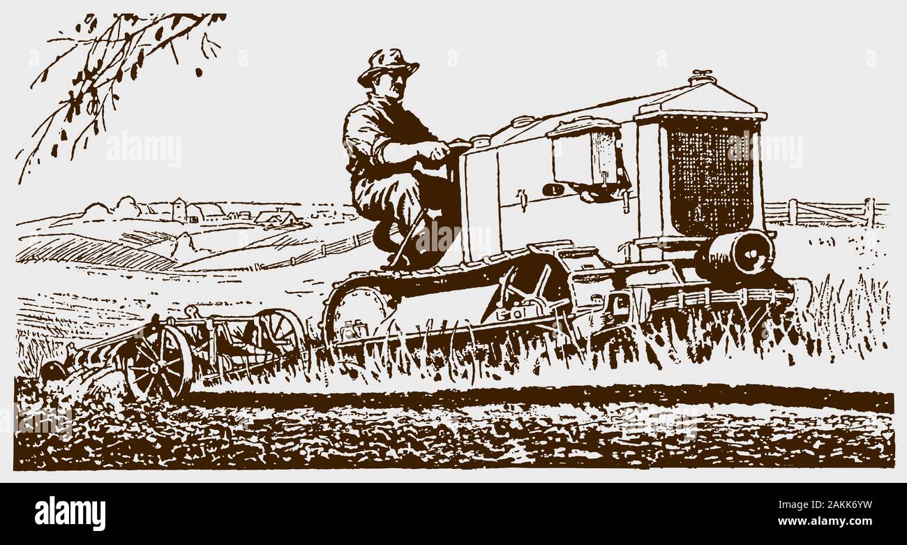 Agriculteur labourant son champ historique avec un tracteur à chenilles. Illustration après une gravure du début du xxe siècle Illustration de Vecteur