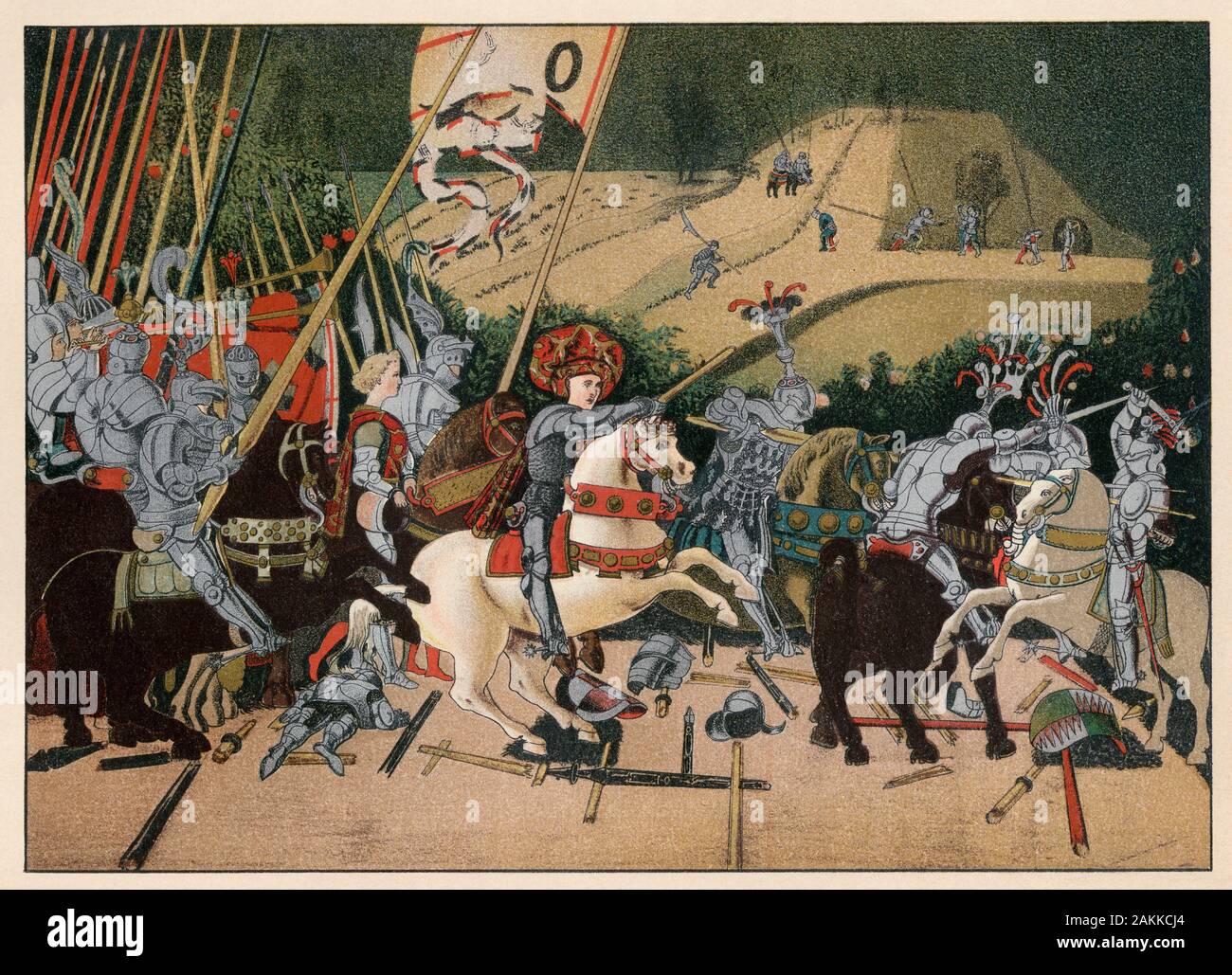 Bataille de Saint-Jean, Ecidio ou Sant'Egidio, Italie, 1416. Lithographie en couleur d'une illustration par Uccello Banque D'Images