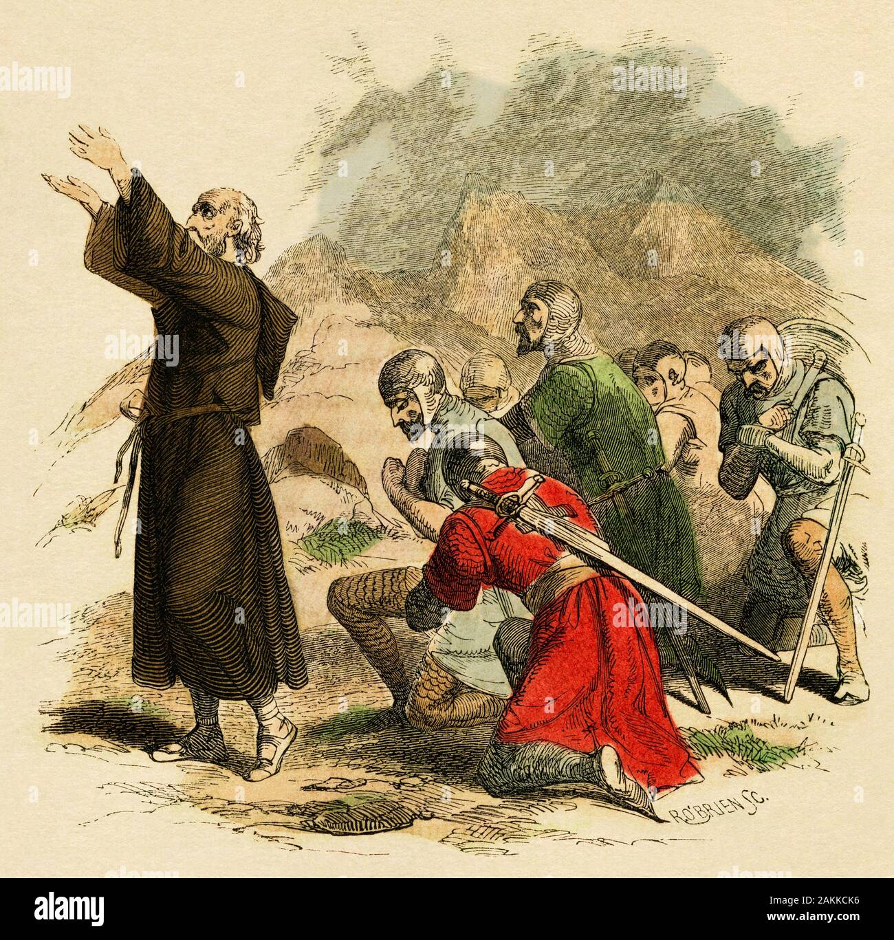 Pierre l'Ermite priant pour le succès de la Première Croisade, 1096. À la main, gravure sur bois Banque D'Images