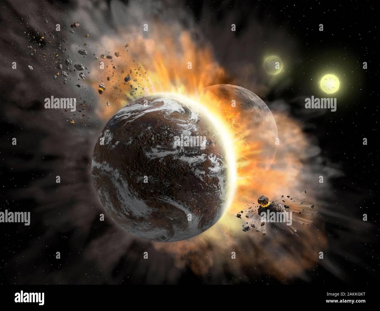 Concept de l'artiste illustrant une collision catastrophique entre deux exoplanètes rocheuses dans le système planétaire, BD  +20 307, en tournant à la fois dans les débris poussiéreux Banque D'Images