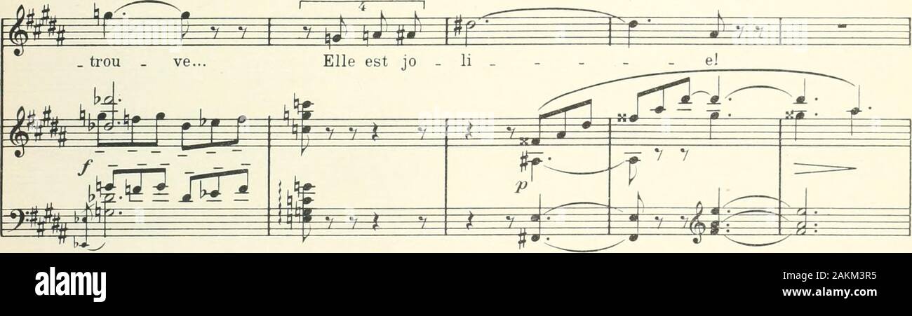 La forêt bleue, conte lyrique en 3 actes, d'après les contes de PerraultPoëme ChenevìerePartition de Jacques pour chant et piano réduite par l'auteur . moins fort JE 7^ 1 leP.. m Petit-Poucet fait sig-Iie à Chaperon-Rouge qui reg-arde et écoute le Prince.CHAPERON-ROUGE allant vers Petit-Poucet. p-retit Ils sortent Poucet. ^ p i s s PETIT-POUCETP Laissons-les ! La prenant par la main. Banque D'Images