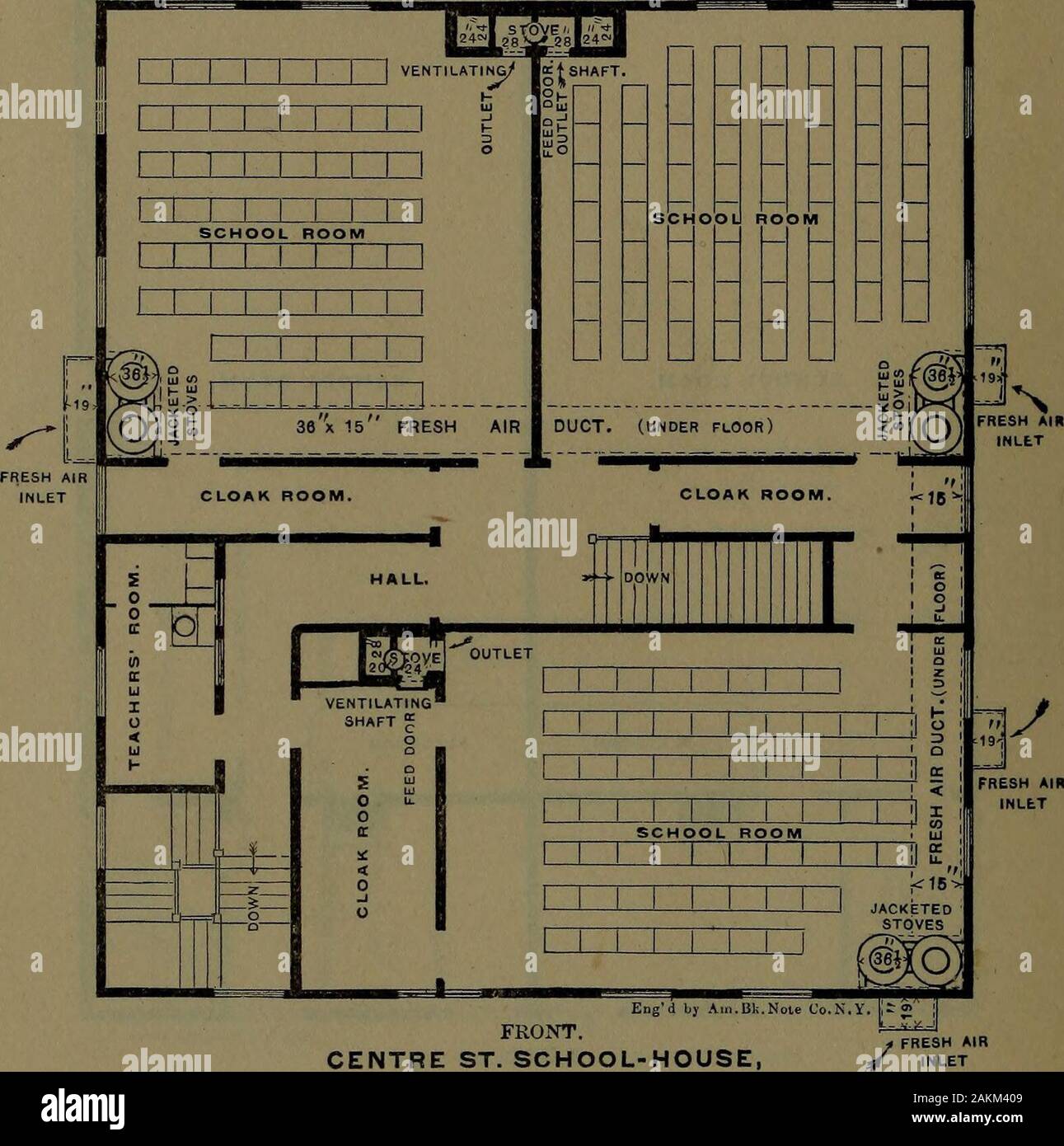 Rapport du comité sur l'assainissement du comité de l'école . EngdbT Am.Bk.Xote Cu.N.V. KROXT.CENTRE ST. L'école-maison, avant rénovation, 1890. (Deuxième étage.) 0 1 2 3  + 5 10 d'ot. iett FIG. III. Le fer, trente-six pouces et demi de diamètre, laissant ainsi de l'aspace environ neuf pouces autour de chaque cuisinière, sauf dans les portes, où des replis faire un joint étanche. Eachpair de ces vestes est connecté par une ouverture 12x20 10 RAPPORT ANNUEL DE LA po, et il y a un couvercle de fer galvanisé sur un pour usewhen qu'un poêle est en service. Le régime général d'isolant chemisé pour poêles à bois et air-d Banque D'Images