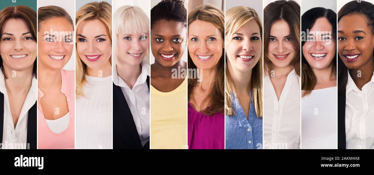 Happy Multi Ethnic Women Collage. Groupe diversifié de femmes Portraits Banque D'Images