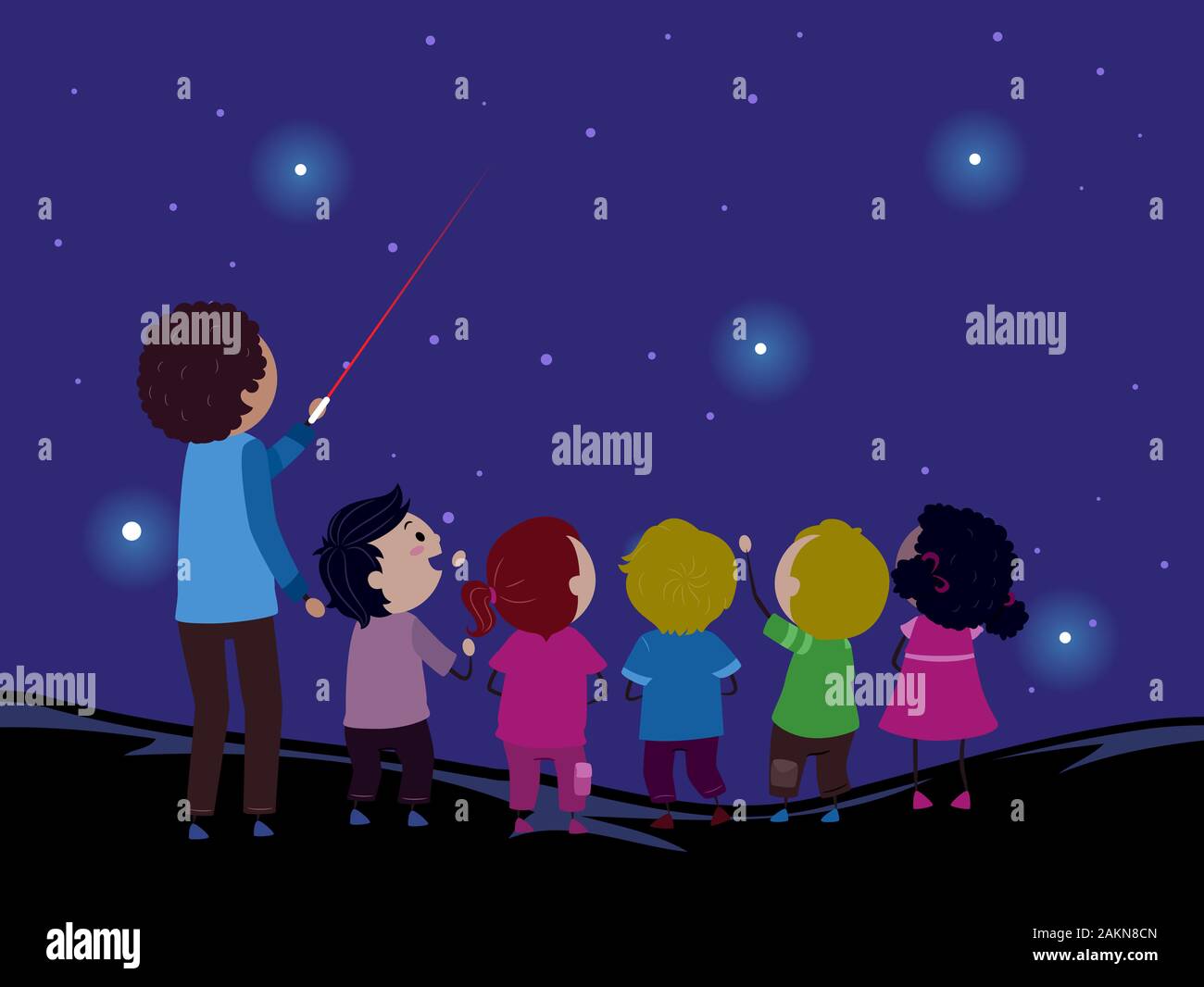 Illustration de Stickman Enfants regardant les étoiles avec leur enseignant  à l'aide du pointeur laser Photo Stock - Alamy