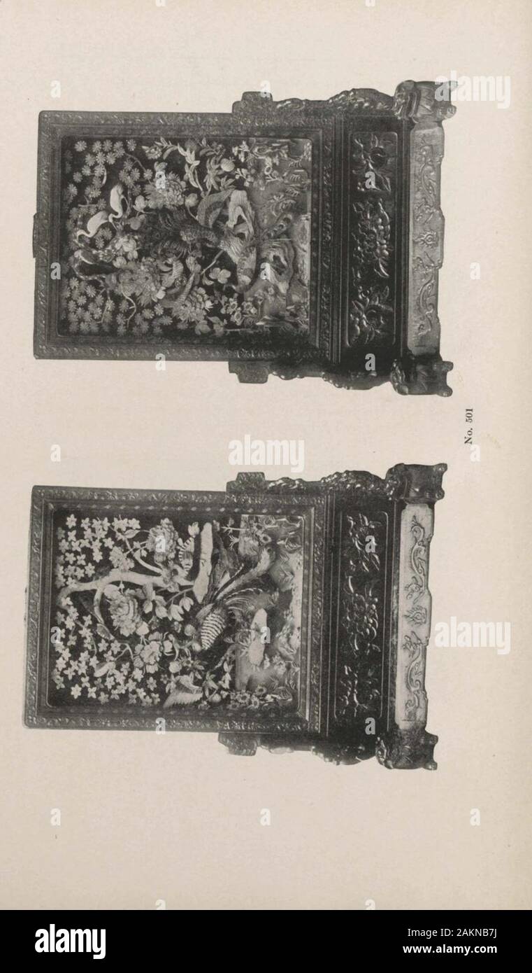 Catalogue illustré d'une remarquable collection de porcelaines chinoises antiques, poterie, jades, écrans, peintures sur verre, tapis, tapis et beaucoup d'autres objets d'art et d'antiquité, formé par MrAWBahr, le réputé connaisseur et autorité sur les arts anciens de Chine [ressource électronique] : pour être vendu à une vente publique à l'American Art Galleries, Madison Square au sud, sur l'après-midi par . Troisième après-midi 409-Paire de Kr-Lacui sculpté panneaux écran- (Ming) Bois, laqué n moelleux profond brun-rouge, terre withbold et sculptures vigoureuses d'oiseaux, des rochers, de magnolias, ou- Banque D'Images