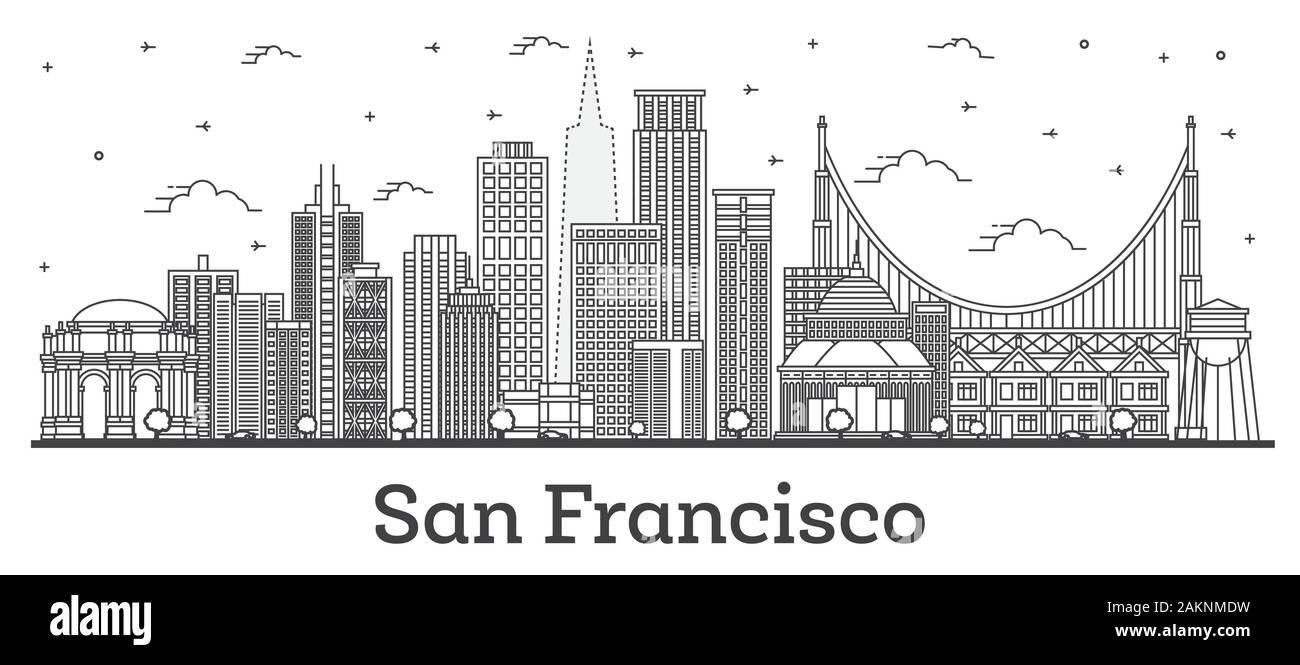 Contours San Francisco Californie Ville avec des immeubles modernes isolé sur blanc. Vector Illustration. San Francisco USA Cityscape de repères Illustration de Vecteur