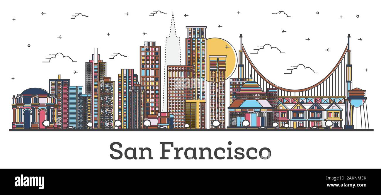 Contours San Francisco California City Skyline avec bâtiments couleur isolé sur blanc. Vector Illustration. San Francisco USA Cityscape avec repères. Illustration de Vecteur