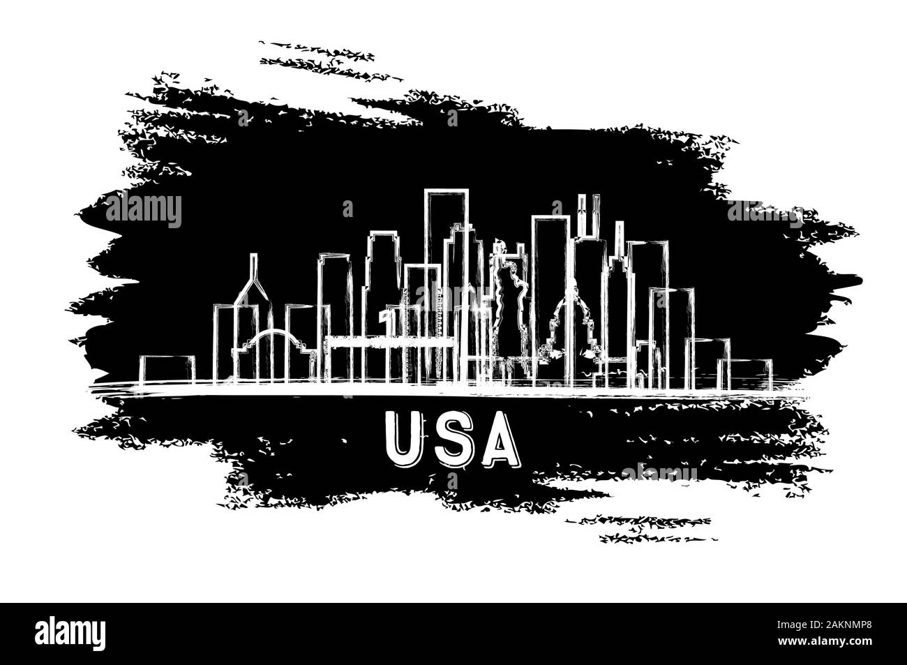 USA City Skyline Silhouette. Croquis dessinés à la main. Vector Illustration. Les voyages d'affaires et tourisme Concept avec l'architecture historique. USA paysage urbain. Illustration de Vecteur