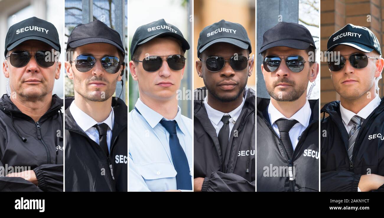 Collage d'agents de sécurité. Divers groupes de personnes Portraits Banque D'Images
