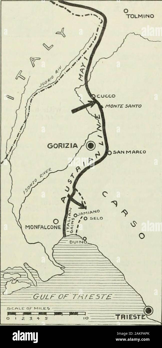 L'Independent . es d'entre des thenations. Ces principes comme beenendorsed ont par de grandes et enthusiasticmeetings à Vienne, Budapest et vari-unités d'autres endroits de l'Autriche-Hongrie, et souligné par des grèves et streetprocessions. Embodyingthem résolutions seront introduites dans l'Aus-trian et parlements hongrois. Le Général italien C a d o r n a a frappé un autre blowDnve lourde à l'avant. Il a commencé son mouvement offensif sur mai14 par voies de fait sur les collines au nord de Gorizia, mais andeast a déplacé le point d'attaquer le sud et a madehis avance plus près de la mer Banque D'Images