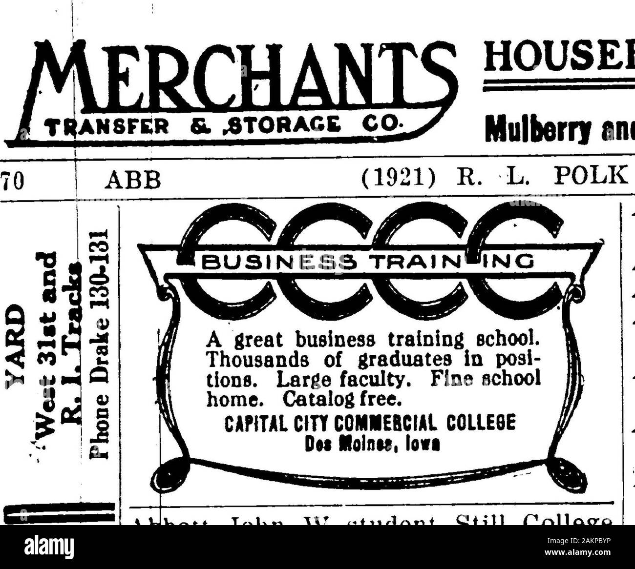 1921 Des Moines et Polk County, Iowa City, iA & D' Annuaire magasin de cigares 407 dAaderabn Claiience stucient 3E UaiverSlty Drake, BDS 202^AptaAaniotn Arthiir Argo ne une feuille res0ir C4 25e Aanioth Lithgrin 38 hua  ; cf Am BoiwnAas Fraternité rms milchverwertungsgenossenschaft saanen metal wkr Tillifl (wId Osct.r A) bds av Wilson Christopher dist HoteiLuther J'mngr Holmes Co Randolth j-ms Hôtel mngr Le Plummer- widowworks rms 1052 boatswa Agence thL26 Dudley f ns le materms aupt C R I & P mjnrAbbett WmjA aolr Emma Abbett m res 1052 J26 thAbbey Arttur chf U S.ata le recrutement dans la marine Brown [Abbott Amprose T Ry (D M Val Dlv) res 107^ Banque D'Images