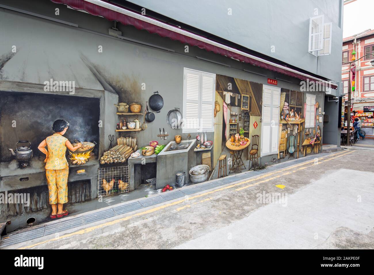 Belle peinture murale d'art par l'artiste local de rue Yip Yee Chong, Chinatown, Singapour Banque D'Images