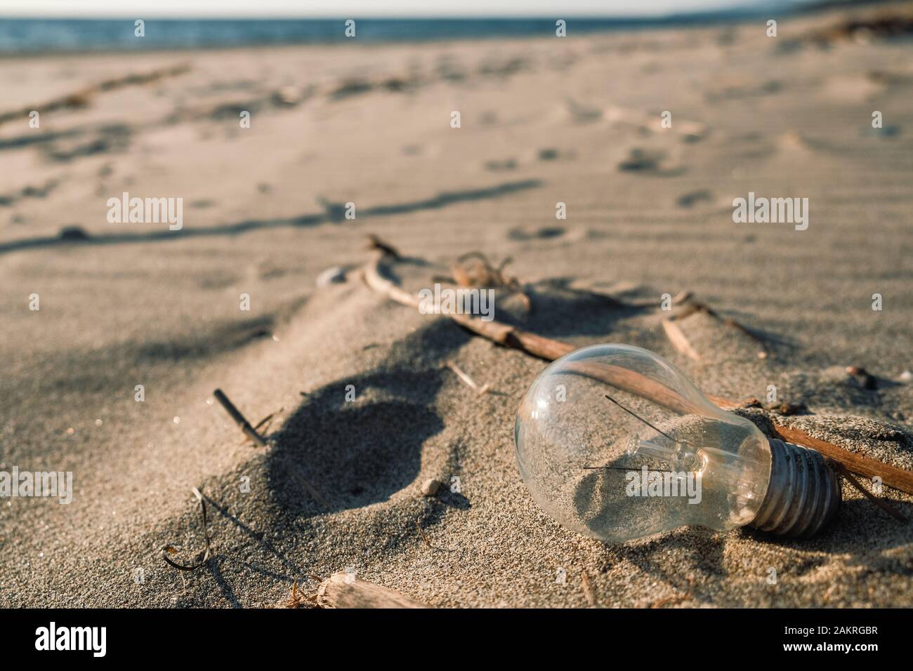 Déchets d'ampoules électriques sur la côte sablonneuse de la mer, écosystème pollué, microplastiques Banque D'Images