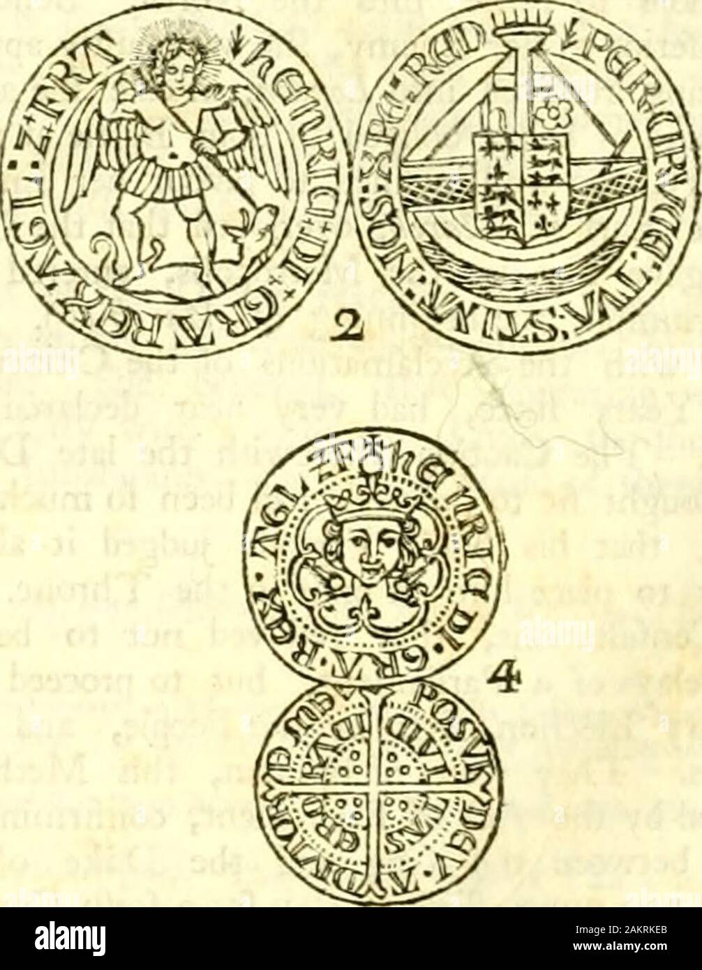 L'histoire de l'Angleterre : écrit en français . u &gt ;. xtxSr ?* ? H-V VI UN étang cSnt d'or&gt ; de l'ancienne norme, il a été forgé en quarante cinq Rials de dix shillings, un proportionableNumber Halt-Rials ou de, et par trimestre, ou Farthing-Rials, à cinq shillings et deux shillings et fixer Pence. Thefe de rials lui donner couronnée d'une couronne impi -rial, feated sur le trône, avec un sceptre et Globe, inferibed, HENRICUS. DEI. G R A. REX. A N G E L. T. FRAN. DNS.H I B. Reverie, les armes de France et l'Angleterre, trimestrielle, IHESUS. AVTEM. TRANS1ENS. Fife. (Voir Fig. 1. ) Par la renommée en-dentier, inftead de Nobl Banque D'Images