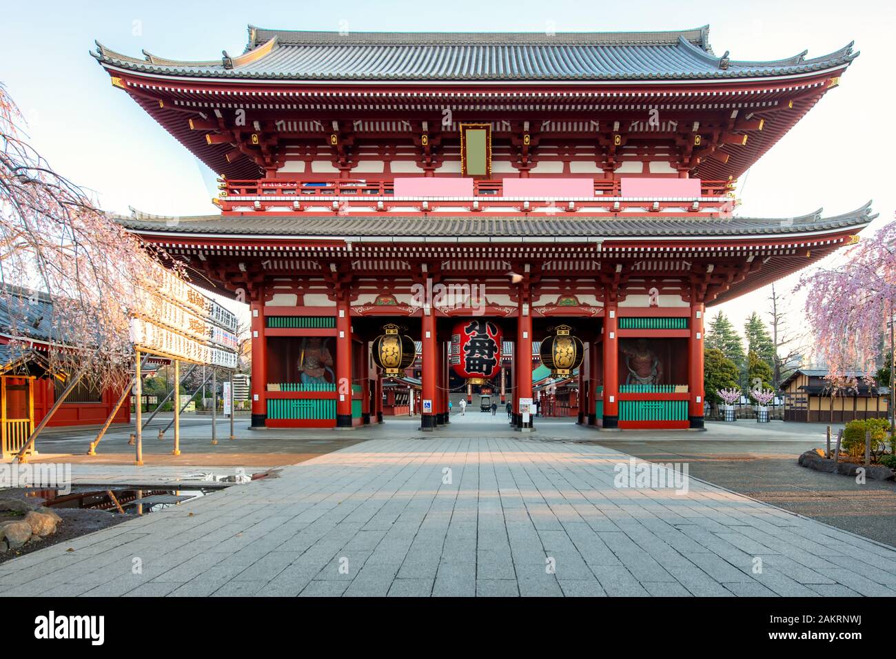 La porte de temple Sensoji avec cherry blossom tree durant la saison du printemps dans le quartier Asakusa au matin à Tokyo, Japon. Le Japon, l'histoire du tourisme, construction ou Banque D'Images