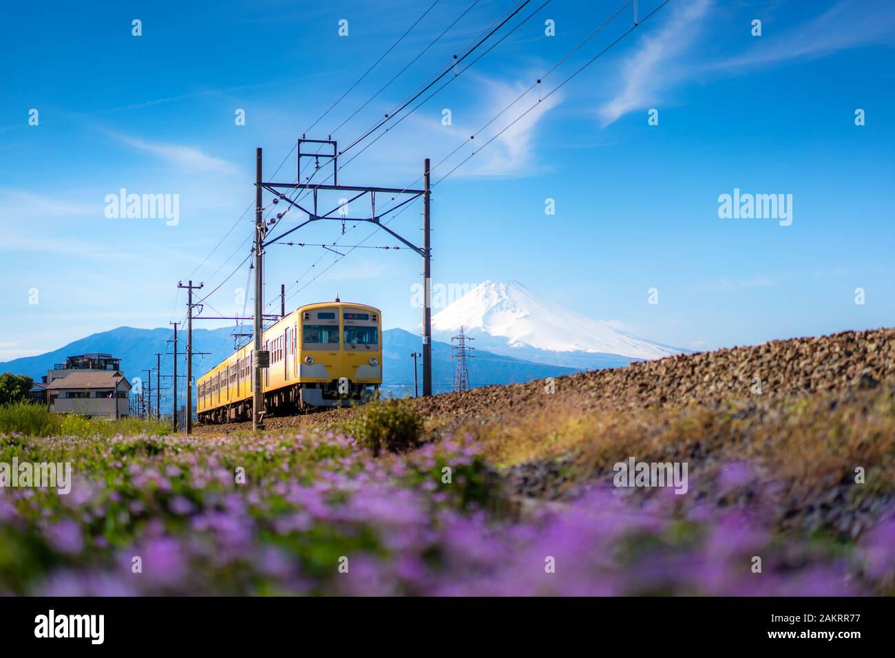 Un train local de la ligne JR Izuhakone Tetsudo-Sunzu qui voyagent à travers la campagne sur une journée de printemps ensoleillée et Mt. Fuji dans Mishima, Shizuoka, Japon Banque D'Images