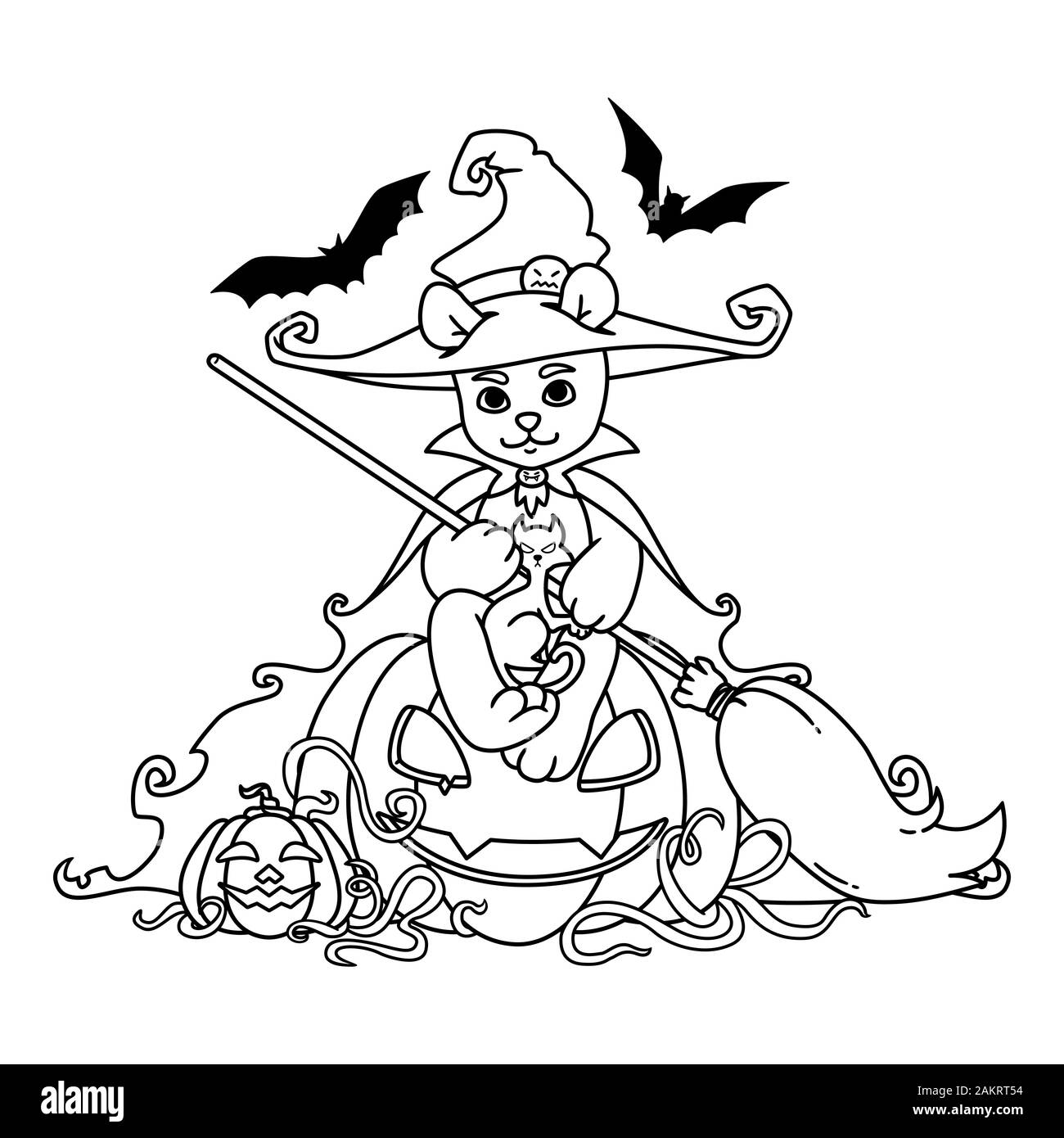 Ours en peluche dans un chapeau de sorcière et le manteau avec un balai dans ses mains se trouve sur un Halloween citrouille avec chat noir et les chauves-souris. Vector illustration isolé sur blanc Illustration de Vecteur