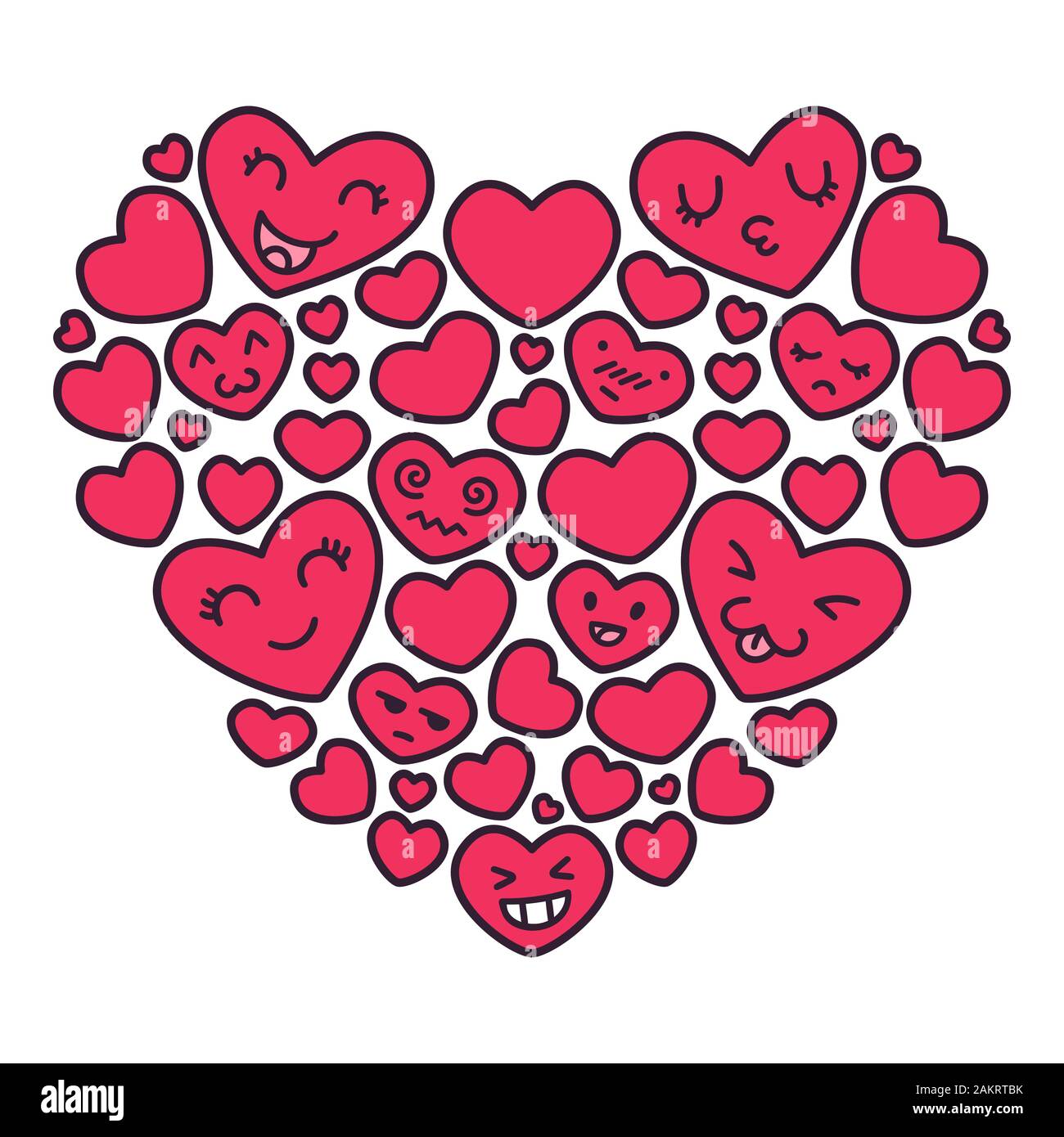 Hand drawn kawaii coeurs rouges emoji illustrations vectorielles. Carte postale Message d'élément pour la fête des mères, mariage, saint valentin. Doodle illustration isola Illustration de Vecteur