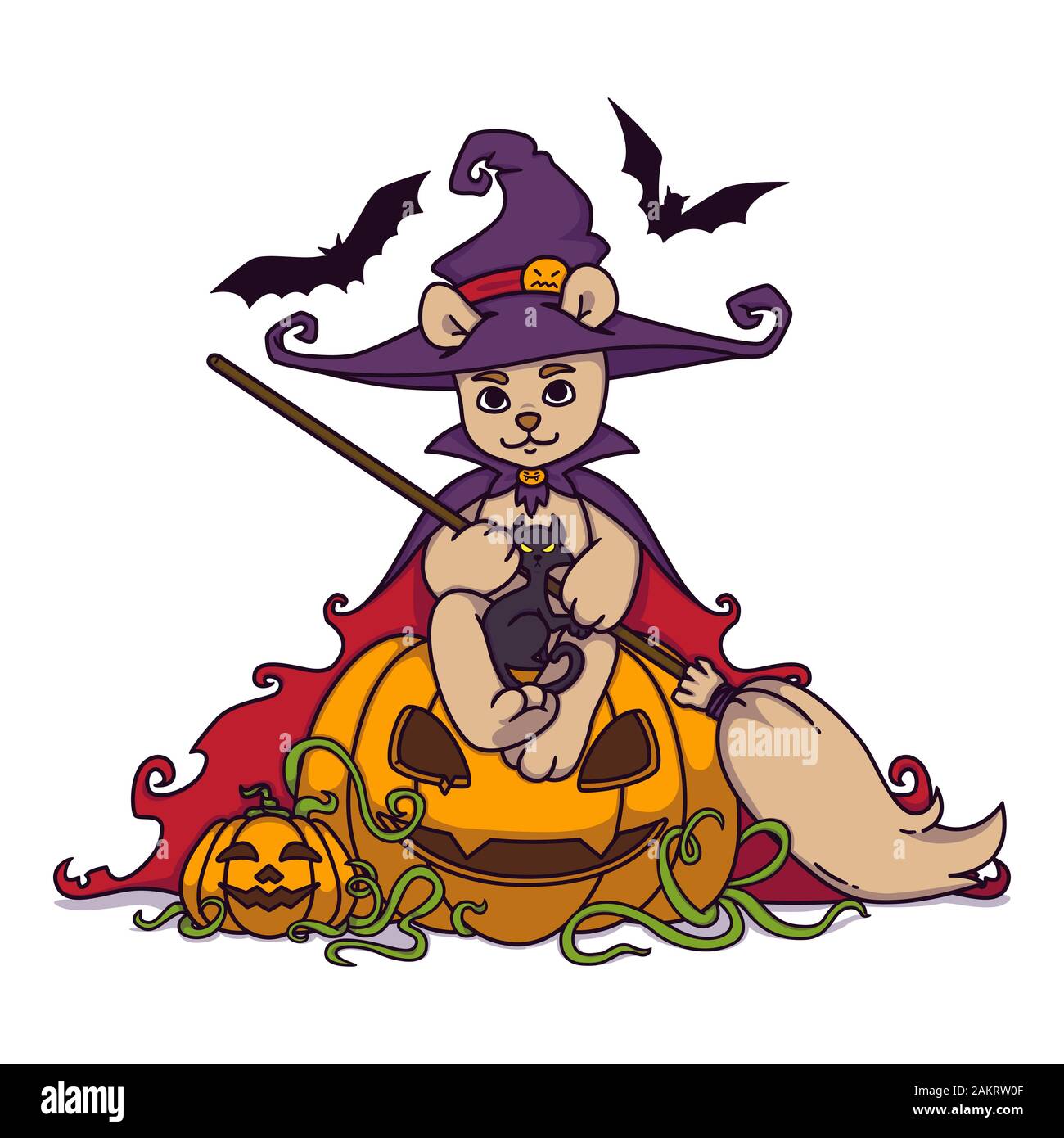 Ours en peluche dans un chapeau de sorcière et le manteau avec un balai dans ses mains se trouve sur un Halloween citrouille avec chat noir et les chauves-souris. Vector illustration isolé sur blanc Illustration de Vecteur