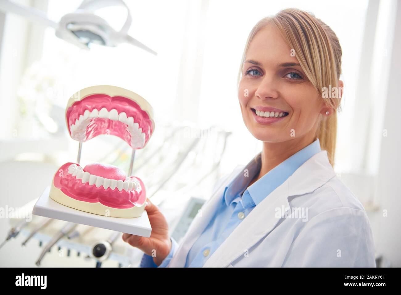 Portrait of smiling dentiste montrant une prothèse artificielle Banque D'Images