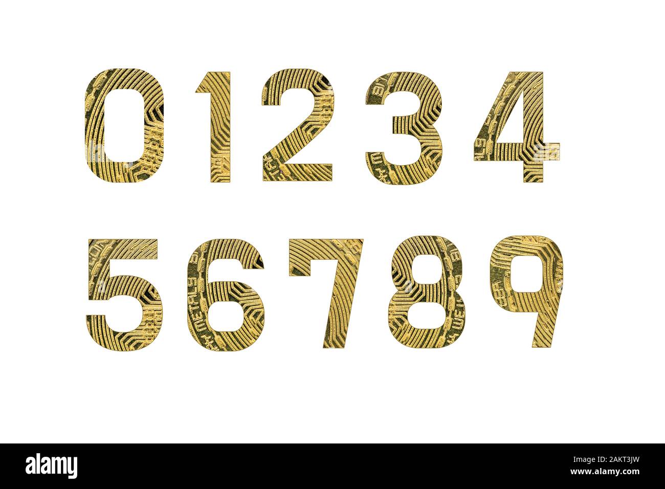 Série de numéros de bitcoin, isolé. Chiffres style cryptocurrency de zéro à neuf. Numéros 0, 1, 2, 3, 4, 5, 6, 7, 8, 9. La texture pour concevoir Banque D'Images