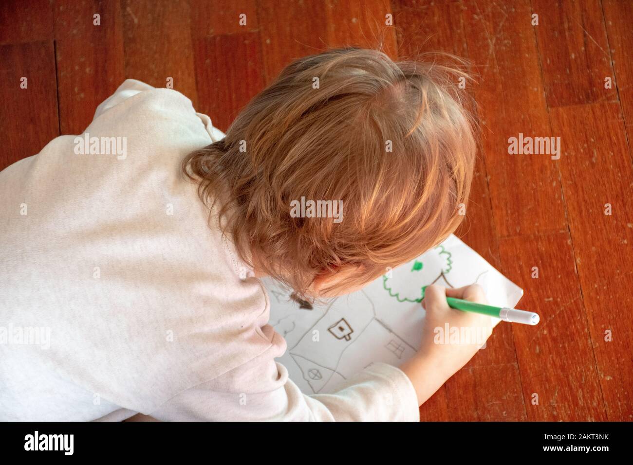 Enfant dessine un arbre sur le plancher en bois Banque D'Images