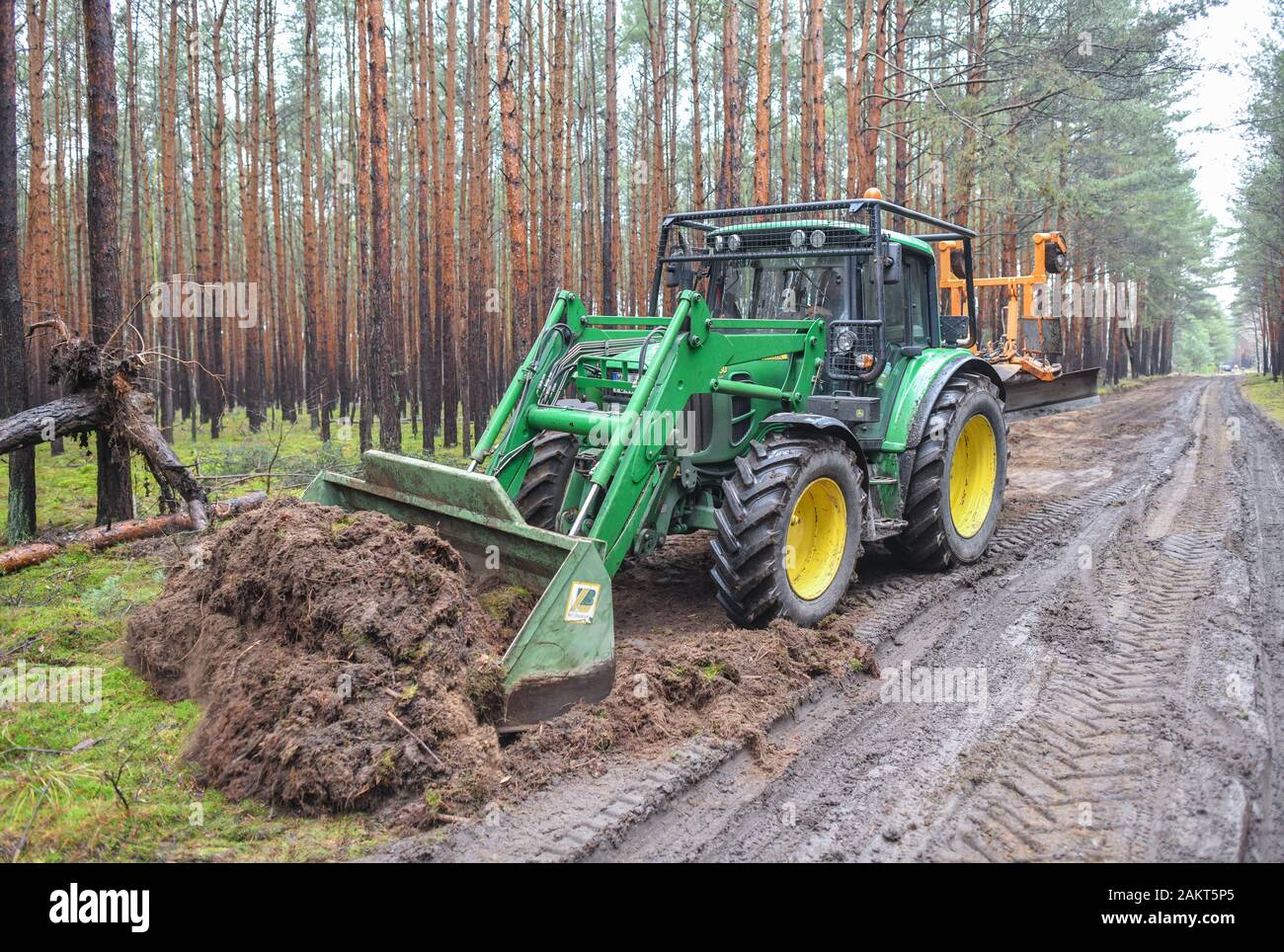 10 janvier 2020, le Brandebourg, Grünheide : un tracteur de la Landesbetrieb Forst Brandebourg travaille à l'élaboration d'un chemin forestier sur le futur site de l'Tesla-Gigafactory. Dans une grande forêt, à l'Est de l'autoroute A10, l'anneau de Berlin nous fabricant de voitures électriques Tesla envisage de construire une gigafactory. Dans une première phase à partir de l'été 2021, modèle 150 000 3 et Y voitures électriques doivent être construits il y a chaque année. Photo : Patrick Pleul/dpa-Zentralbild/dpa Banque D'Images