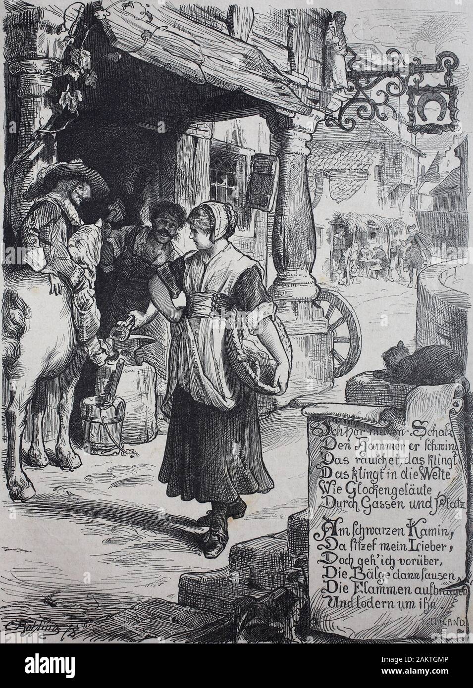 Jeune femme passe une forge, forgeron / Junge Frau passiert eine Schmiede, Schmied, Historisch, amélioration numérique reproduction d'un original du 19ème siècle / digitale Reproduktion von Originalvorlage aus dem 19. Jahrhundert Banque D'Images