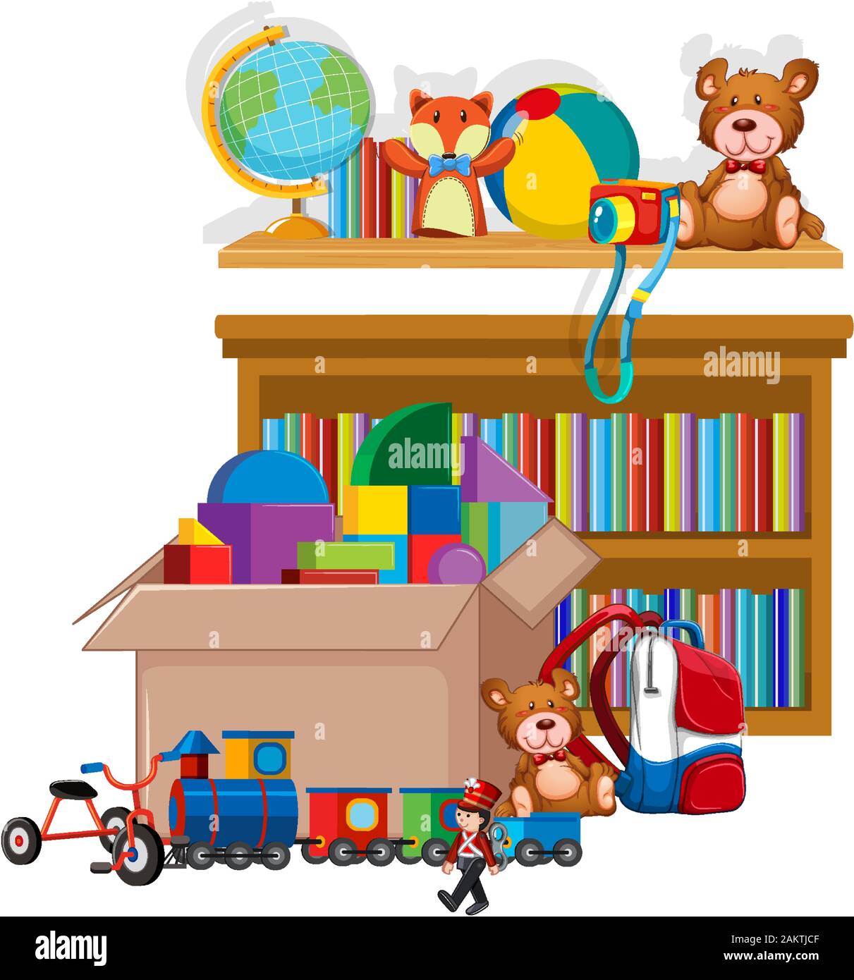 Tablette et boîte pleine de jouets sur fond blanc illustration Illustration de Vecteur