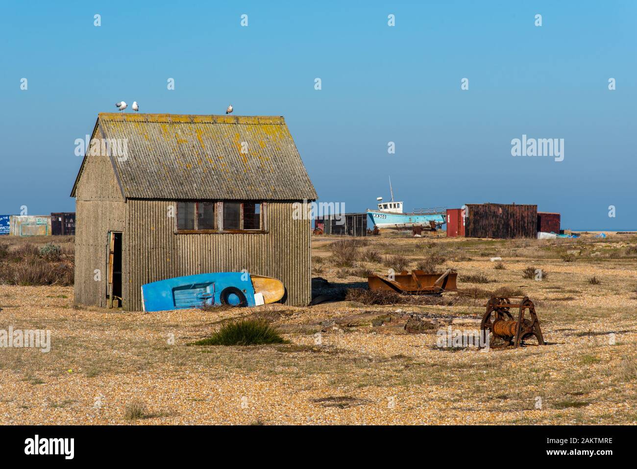 Vieille cabane de pêcheurs à Dungeness, Kent, UK Banque D'Images