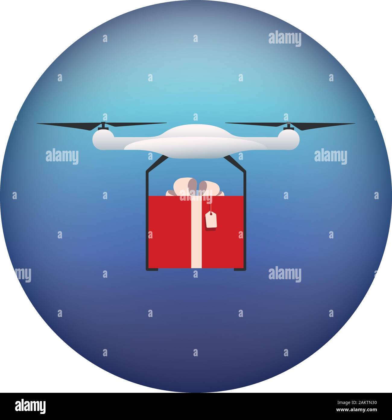 Drone volant sur un fond blanc et porte un cadeau, la boîte rouge. Icône vecteur Illustration Illustration de Vecteur