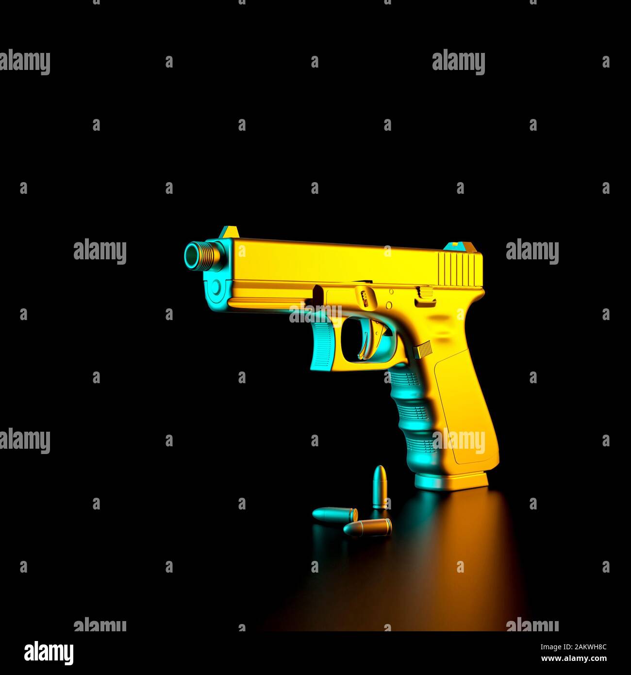 L'image de rendu 3D d'un pistolet 9 mm et des balles sur un fond noir. l'armement et de concept de sécurité. Banque D'Images