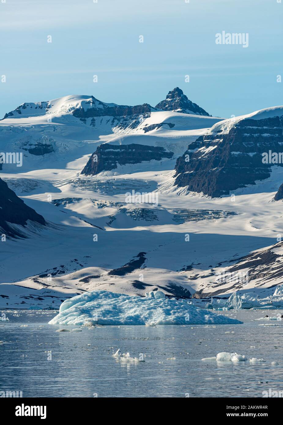Icebergs et un glacier dans le détroit de Scoresby, à l'est du Groenland Banque D'Images