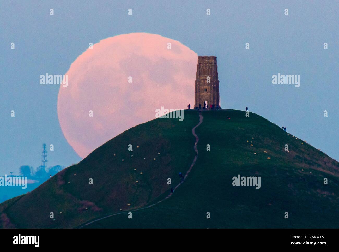 Glastonbury, Somerset, Royaume-Uni. 10 janvier 2020. Météo britannique. Le loup pleine lune se lève derrière Tor de Glastonbury dans le Somerset sur une bonne soirée d'hiver où les visiteurs se sont réunis pour regarder le lever de la lune au coucher du soleil. Crédit photo : Graham Hunt/Alamy Live News Banque D'Images