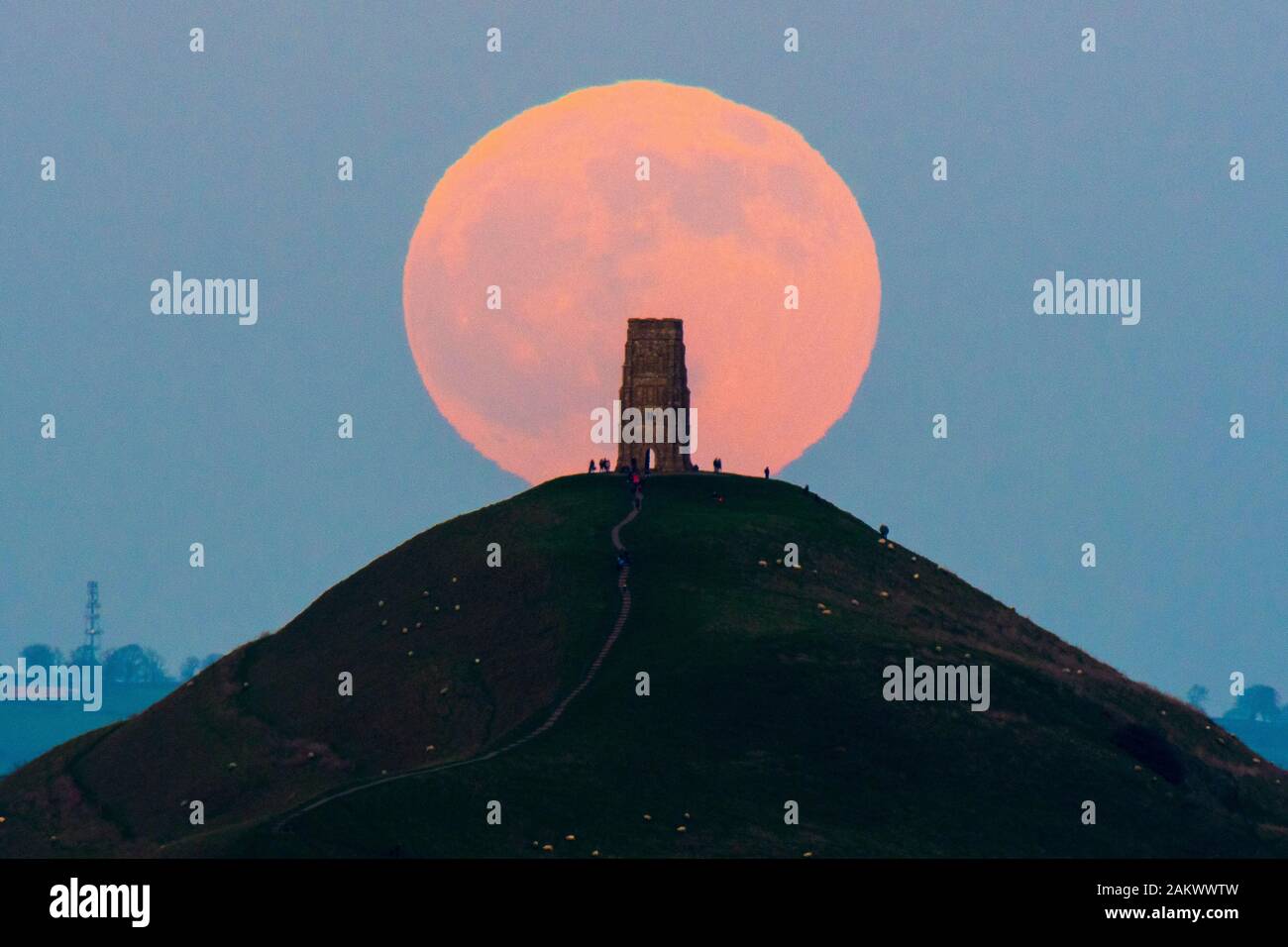 Glastonbury, Somerset, Royaume-Uni. 10 janvier 2020. Météo britannique. Le loup pleine lune se lève derrière Tor de Glastonbury dans le Somerset sur une bonne soirée d'hiver où les visiteurs se sont réunis pour regarder le lever de la lune au coucher du soleil. Crédit photo : Graham Hunt/Alamy Live News Banque D'Images