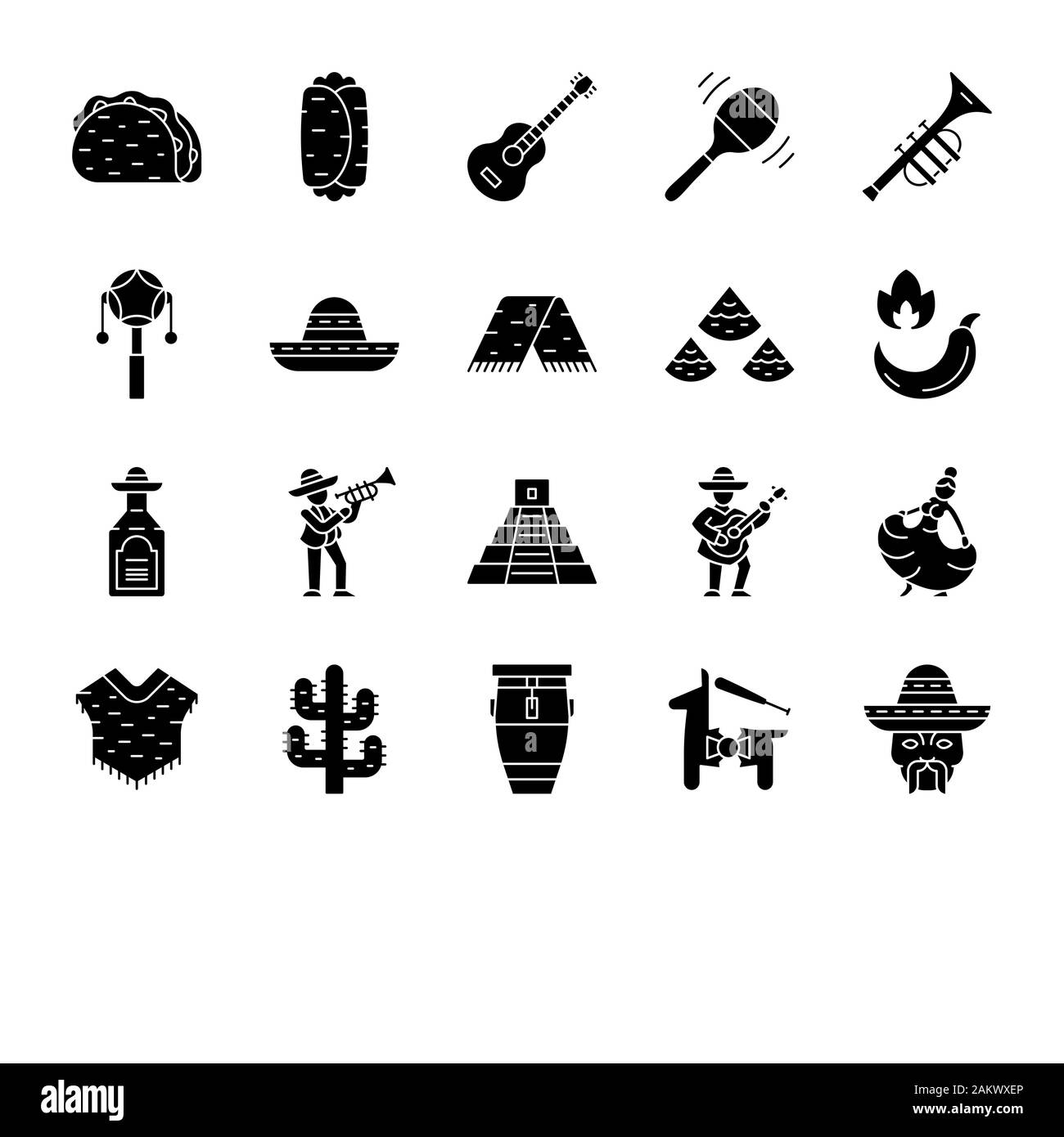 La culture mexicaine glyphe icons set. Le Cinco de Mayo festival. Cuisine mexicaine traditionnelle, instruments de musique, des vêtements, des gens, de plaisir. Symboles de Silhouette. Vect Illustration de Vecteur