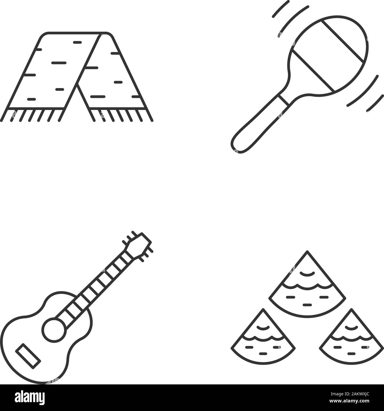 La culture mexicaine icons set linéaire. Les vêtements nationaux, de la musique, de l'alimentation. Sarape, maracas, guitare, des nachos. Fine ligne contour des symboles. Il esquisse vecteur isolé Illustration de Vecteur