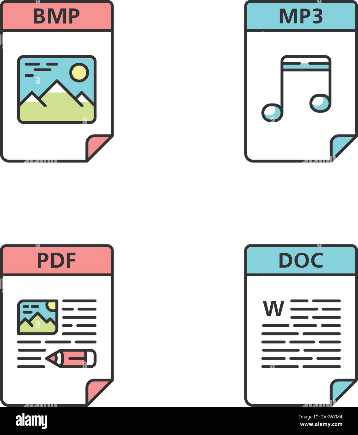 Format des fichiers icônes couleur définie. L'image, des fichiers audio, des documents texte. BMP, MP3, PDF, DOC. Illustrations vectorielles Illustration de Vecteur