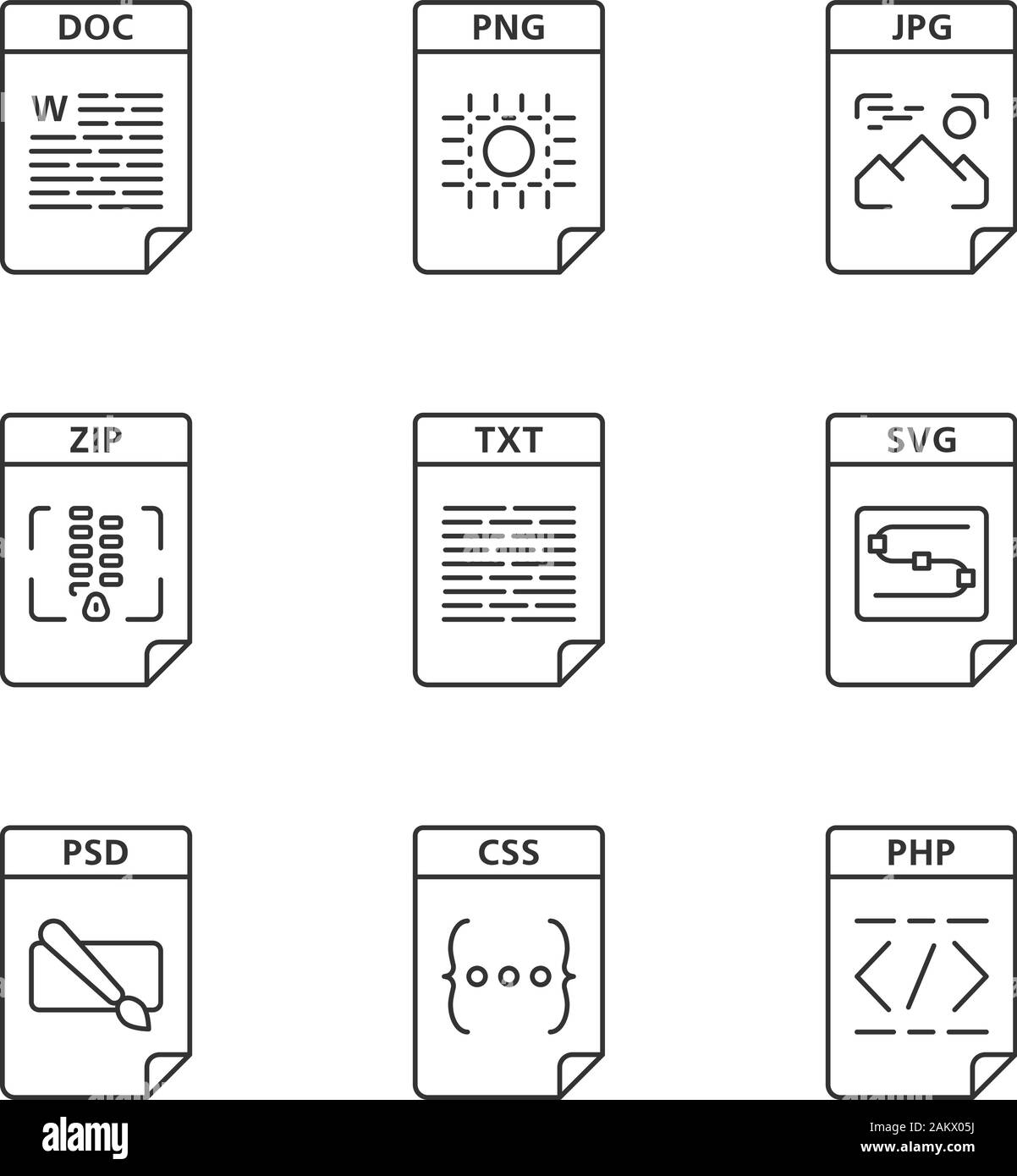 Format des fichiers icônes linéaire définie. Image, multimédia, texte, tableur, page web des fichiers. DOC, PNG, ZIP, TXT, SVG, PSD, CSS. Fine ligne contour des symboles. Isol Illustration de Vecteur