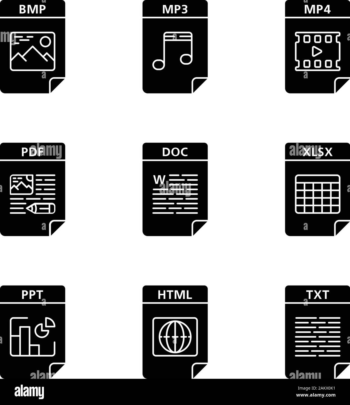 Format des fichiers icons set glyph. Image, multimédia, texte, tableur, page web des fichiers. BMP, MP3, MP4, PDF, DOC, XLSX, PPT, HTML, TXT. Symboles de Silhouette. Illustration de Vecteur