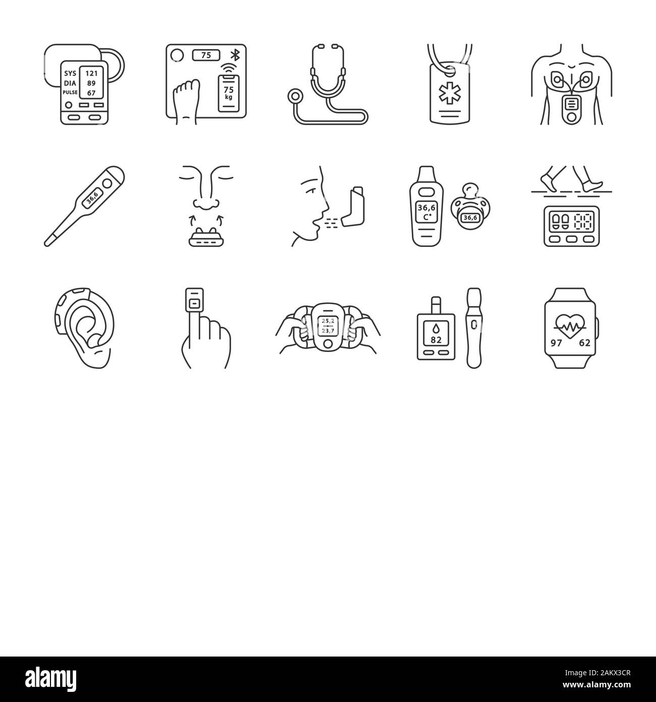 Les dispositifs médicaux icons set linéaire. Stéthoscope, inhalateur, oxymètre, thermomètre, podomètre, diabete, smart balance. Fine ligne contour des symboles. Isoler Illustration de Vecteur