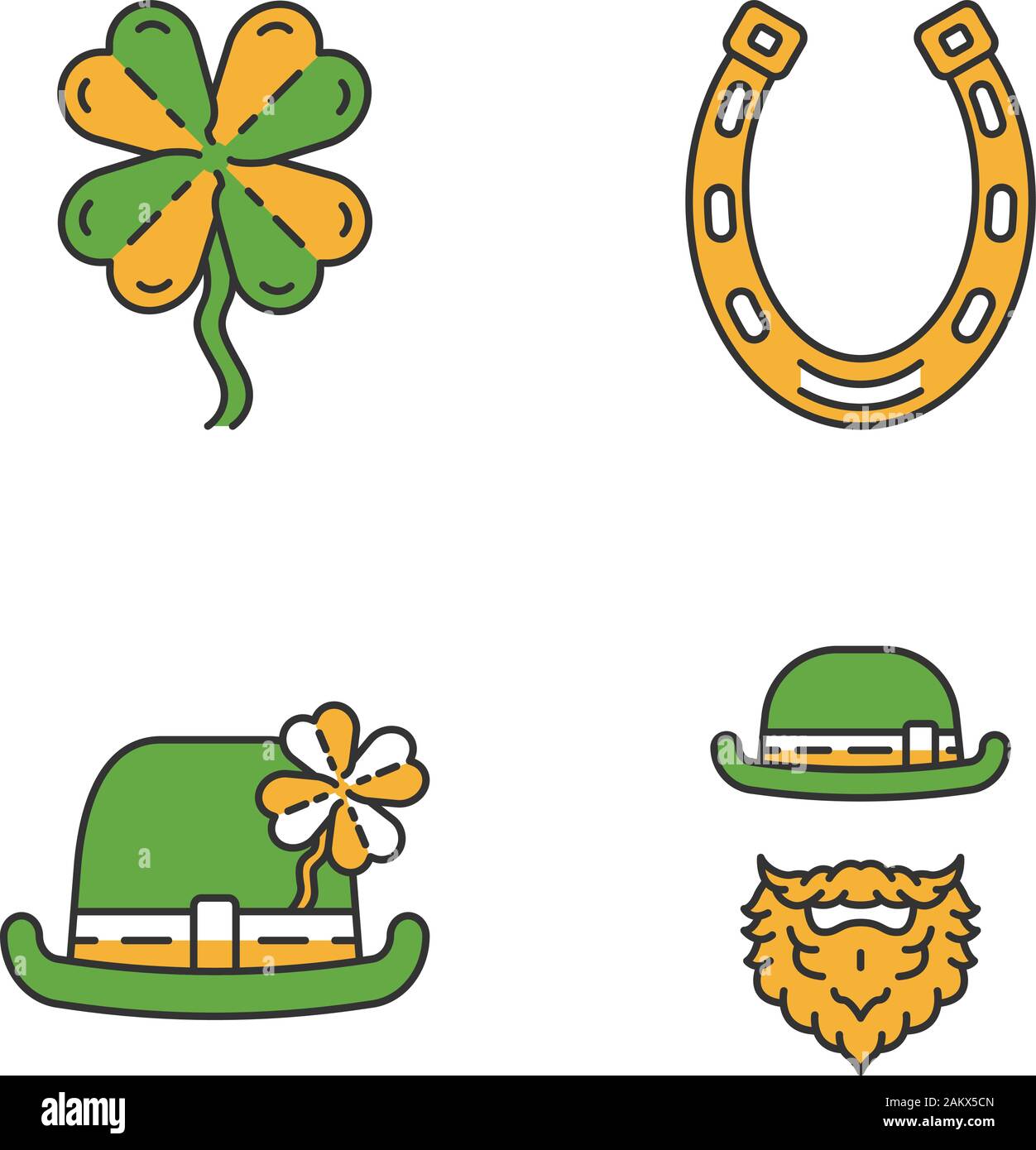 Saint Patrick's Day color icons set. Fête de la Saint Patrick. Chapeau Melon,  leprechaun, fer à cheval, trèfle à quatre feuilles. Bonne chance mascottes.  Mauvais vecteur isolé Image Vectorielle Stock - Alamy